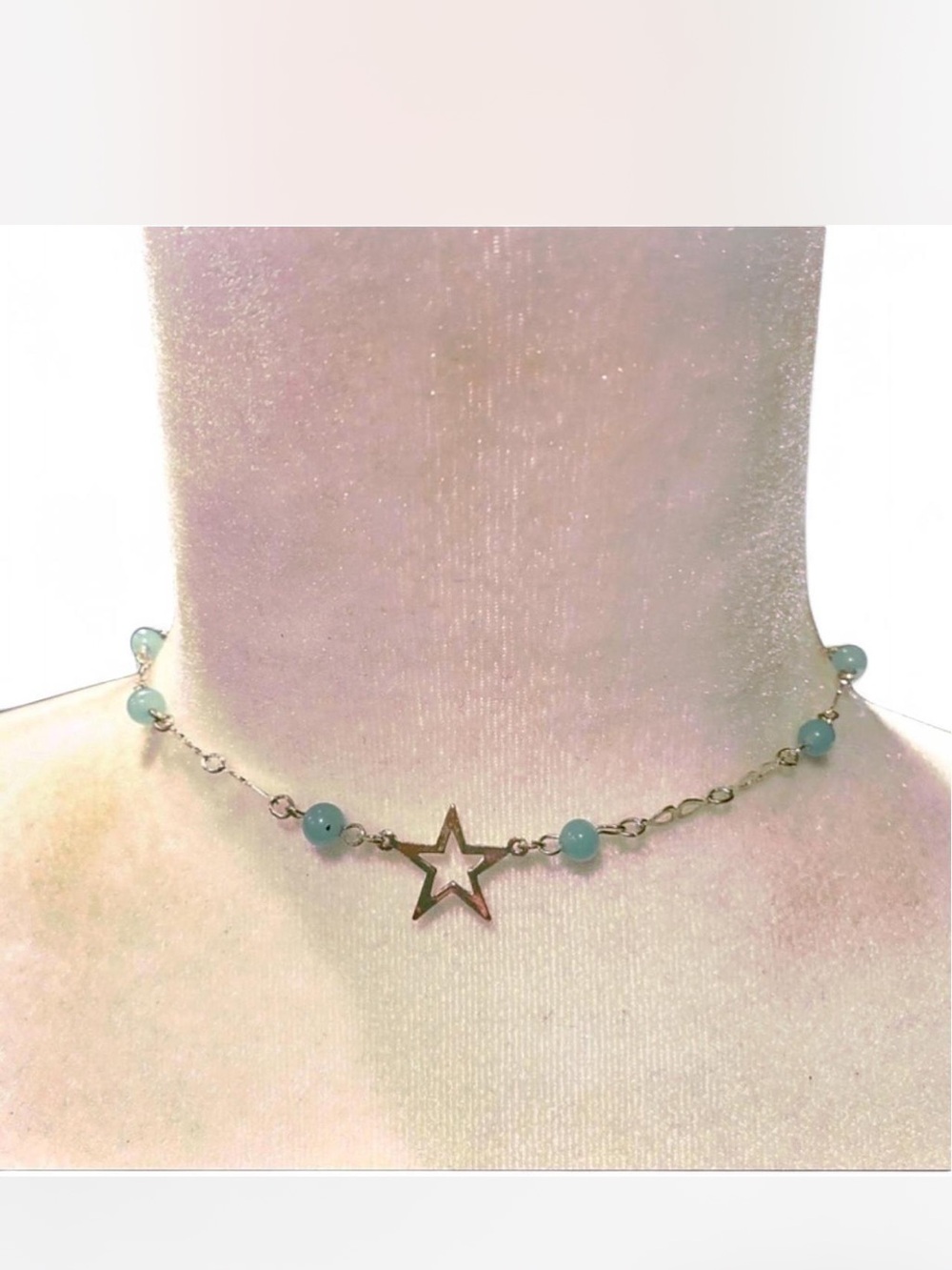 Star Pendant Silver Choker Necklace with Aqua Beads - Women Jewelry Gift NEW